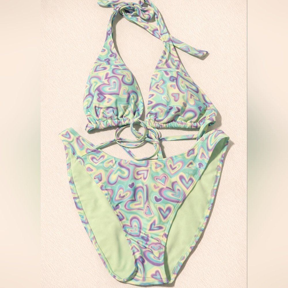 Women’s Bikini Set Size L Green Purple Heart Print High Cut Tie Top Swimsuit